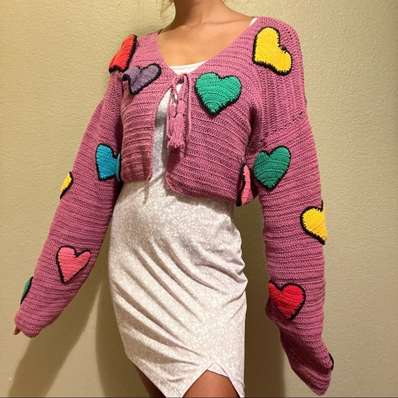 purple shop fluffy heart crochet cardigan size small - Picture 2 of 3